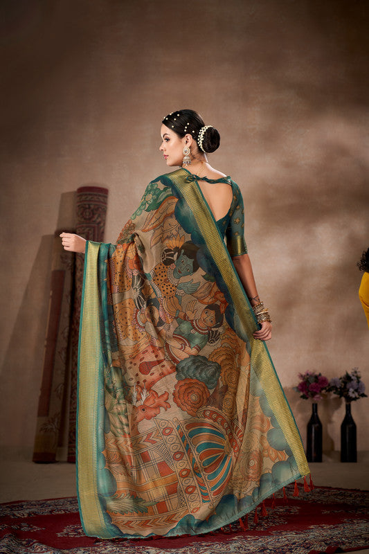 Multicolor Cotton Blend Printed Kalamkari Saree with Unstitched Blouse - Hiral Fashion | Grocsy