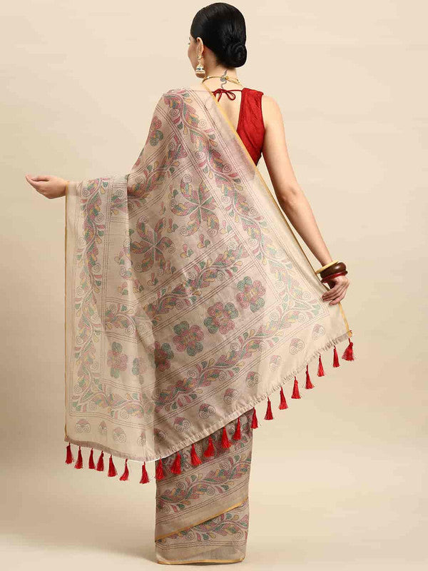 Multicolor Cotton Blend Printed Kalamkari Saree with Unstitched Blouse - Hiral Fashion | Grocsy