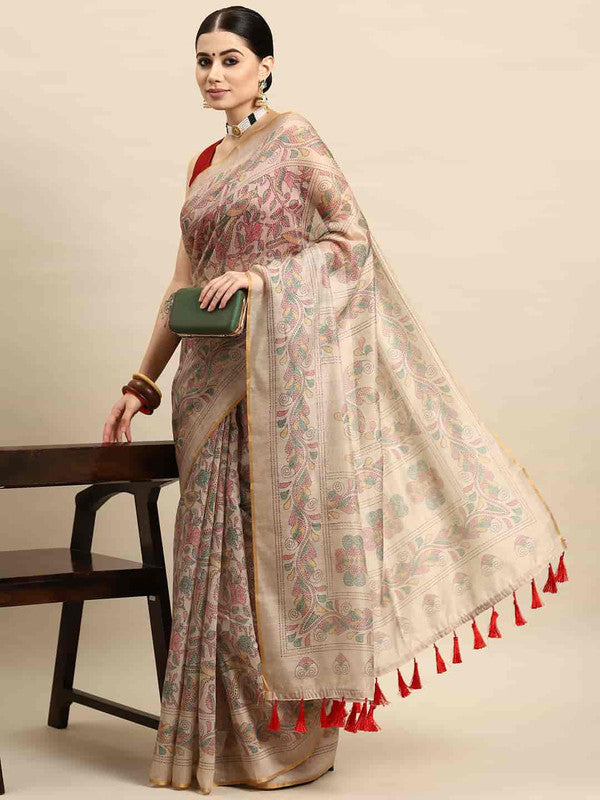 Multicolor Cotton Blend Printed Kalamkari Saree with Unstitched Blouse - Hiral Fashion | Grocsy