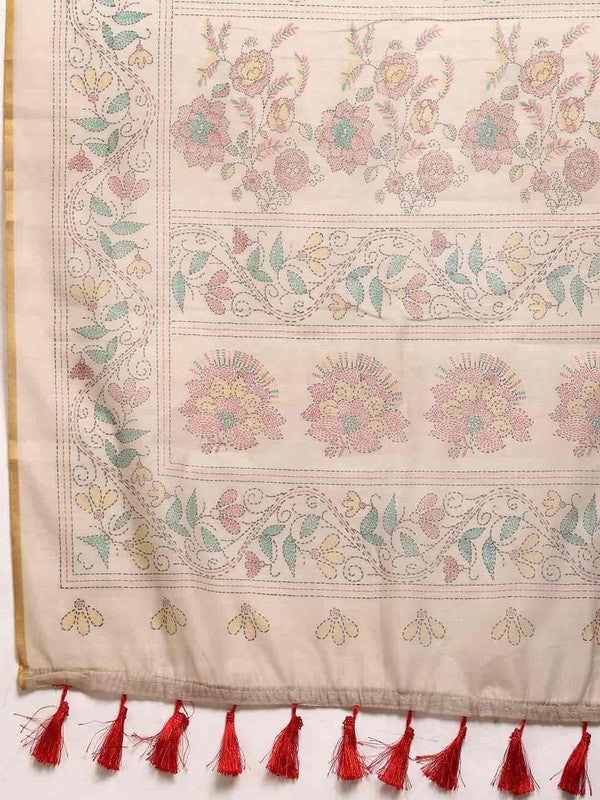 Multicolor Cotton Blend Printed Kalamkari Saree with Unstitched Blouse - Hiral Fashion | Grocsy