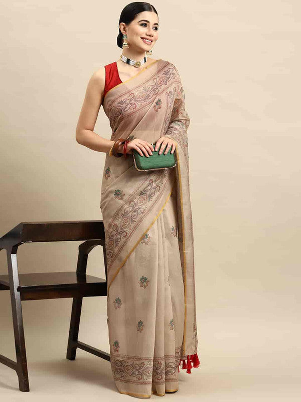 Multicolor Cotton Blend Printed Kalamkari Saree with Unstitched Blouse - Hiral Fashion | Grocsy