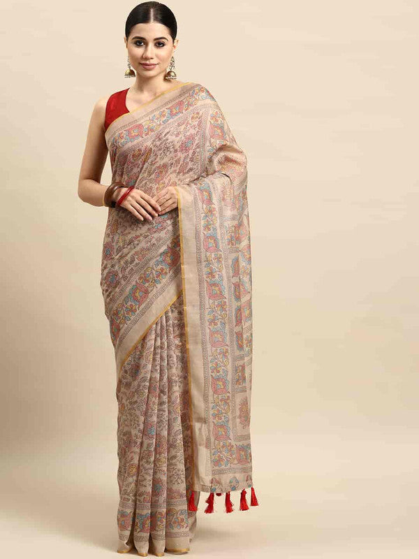 Multicolor Cotton Blend Printed Kalamkari Saree with Unstitched Blouse - Hiral Fashion | Grocsy