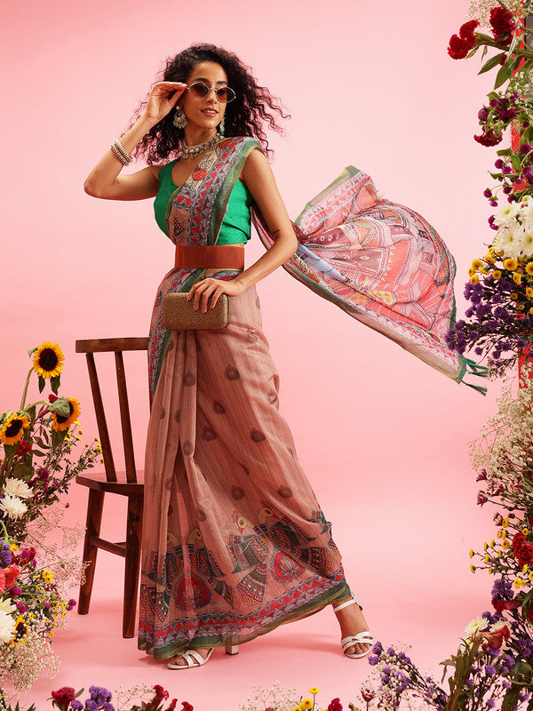 Peach Cotton Blend Printed Madhubani Saree with Unstitched Blouse - Hiral Fashion | Grocsy