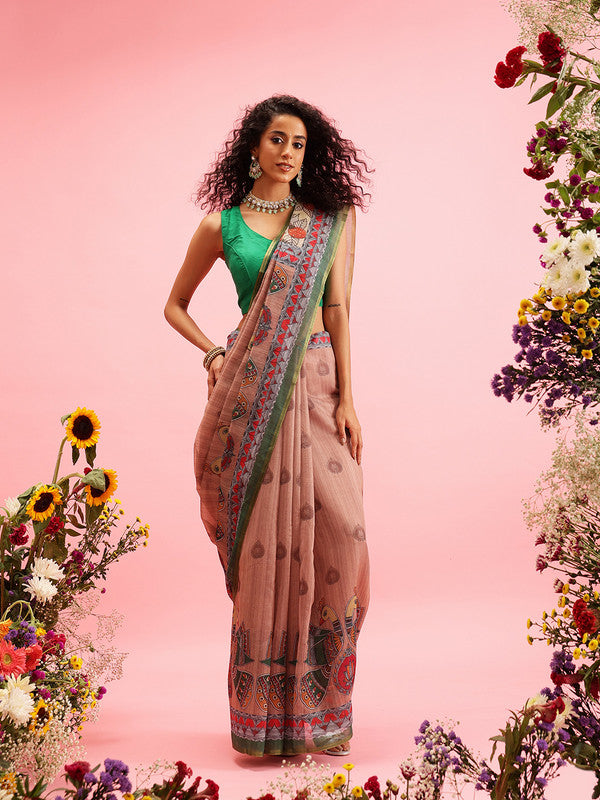 Peach Cotton Blend Printed Madhubani Saree with Unstitched Blouse - Hiral Fashion | Grocsy
