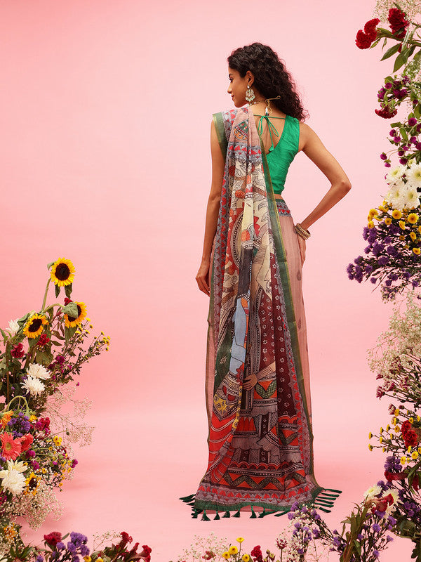 Peach Cotton Blend Printed Madhubani Saree with Unstitched Blouse - Hiral Fashion | Grocsy