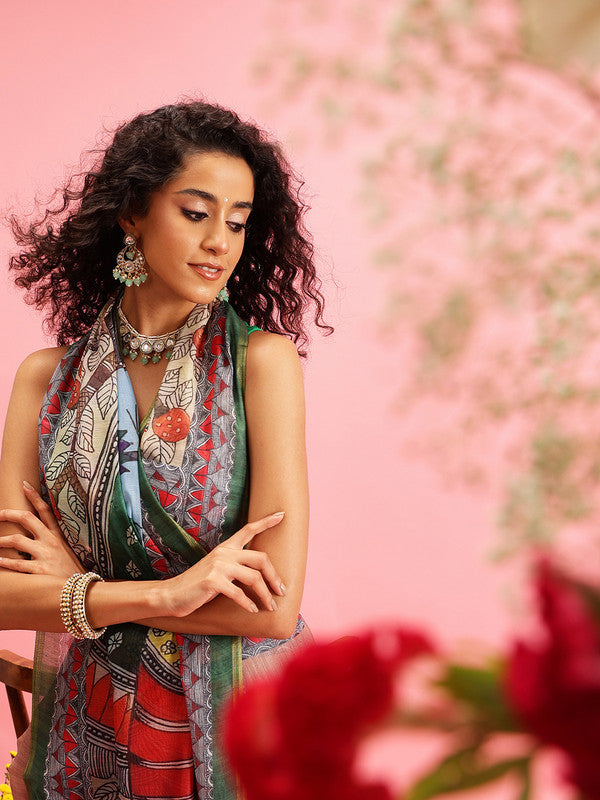 Peach Cotton Blend Printed Madhubani Saree with Unstitched Blouse - Hiral Fashion | Grocsy