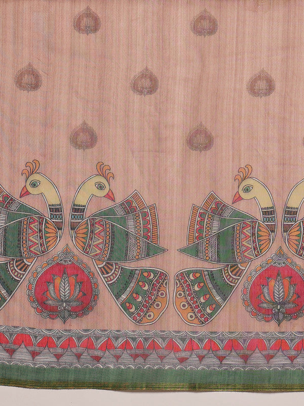 Peach Cotton Blend Printed Madhubani Saree with Unstitched Blouse - Hiral Fashion | Grocsy