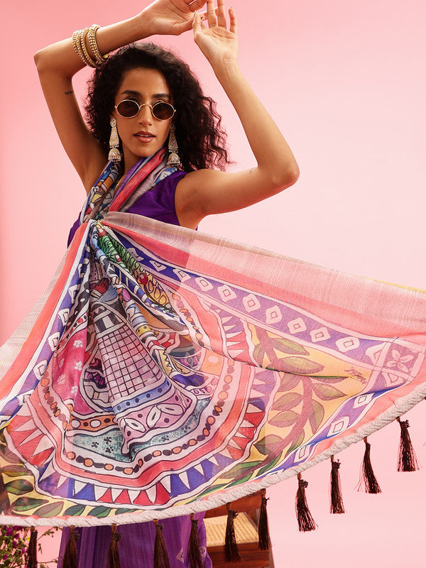 Purple Cotton Blend Printed Madhubani Saree with Unstitched Blouse - Hiral Fashion | Grocsy