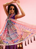 Purple Cotton Blend Printed Madhubani Saree with Unstitched Blouse - Hiral Fashion | Grocsy