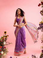 Purple Cotton Blend Printed Madhubani Saree with Unstitched Blouse - Hiral Fashion | Grocsy