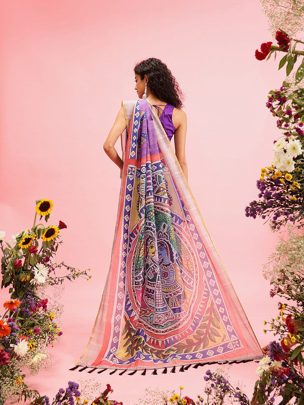 Purple Cotton Blend Printed Madhubani Saree with Unstitched Blouse - Hiral Fashion | Grocsy