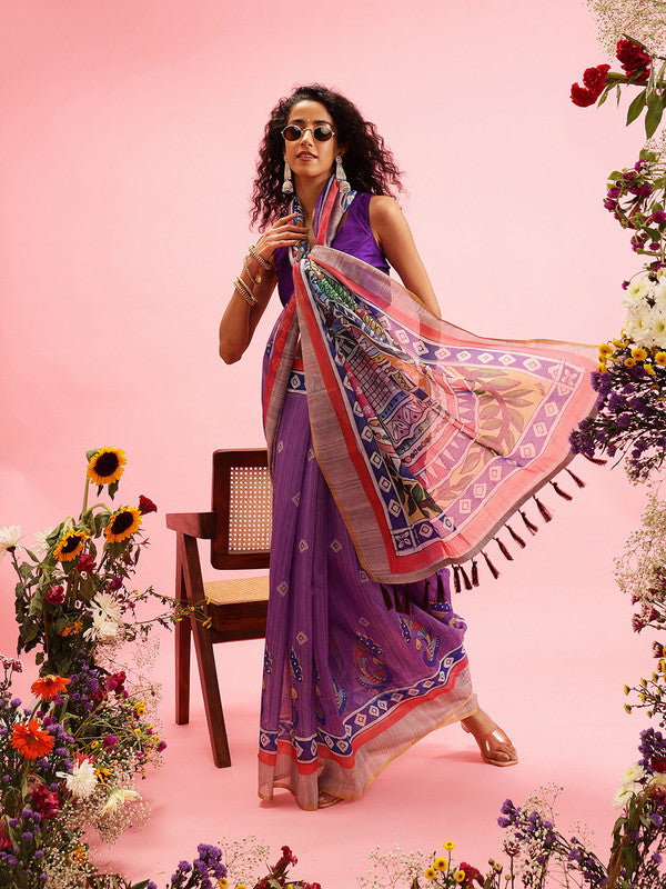 Purple Cotton Blend Printed Madhubani Saree with Unstitched Blouse - Hiral Fashion | Grocsy
