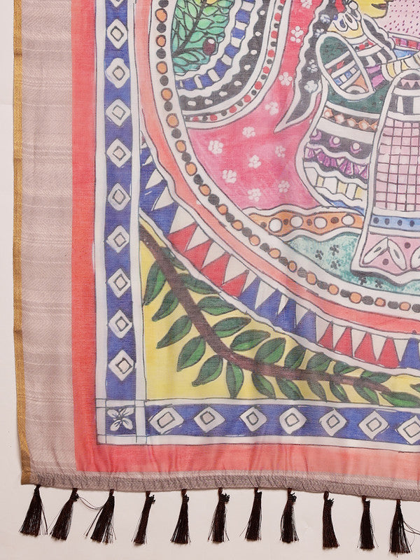 Purple Cotton Blend Printed Madhubani Saree with Unstitched Blouse - Hiral Fashion | Grocsy