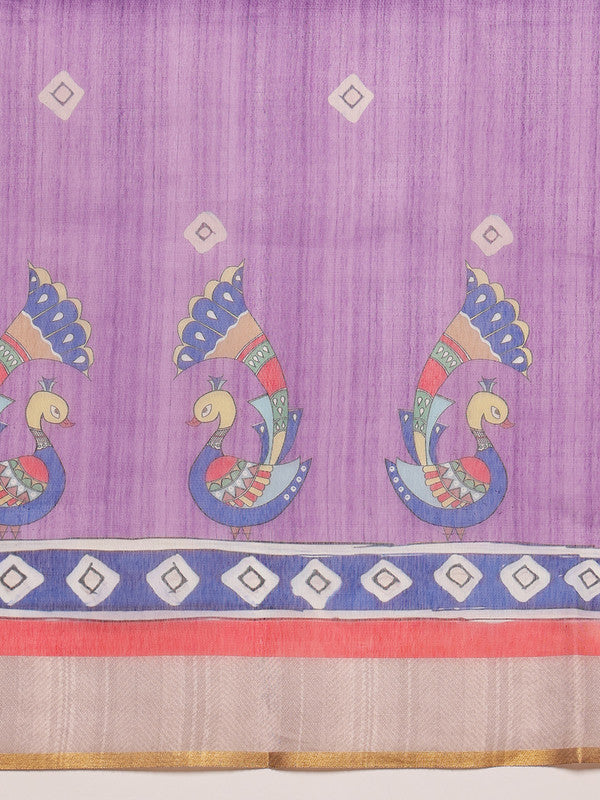 Purple Cotton Blend Printed Madhubani Saree with Unstitched Blouse - Hiral Fashion | Grocsy