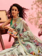 Green Cotton Blend Printed Madhubani Saree with Unstitched Blouse - Hiral Fashion | Grocsy