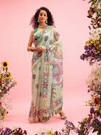 Green Cotton Blend Printed Madhubani Saree with Unstitched Blouse - Hiral Fashion | Grocsy