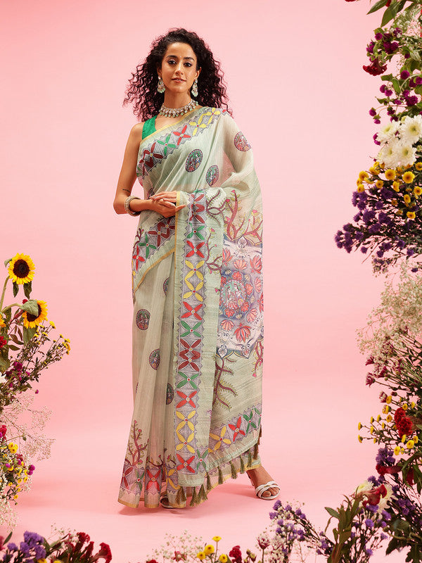 Green Cotton Blend Printed Madhubani Saree with Unstitched Blouse - Hiral Fashion | Grocsy