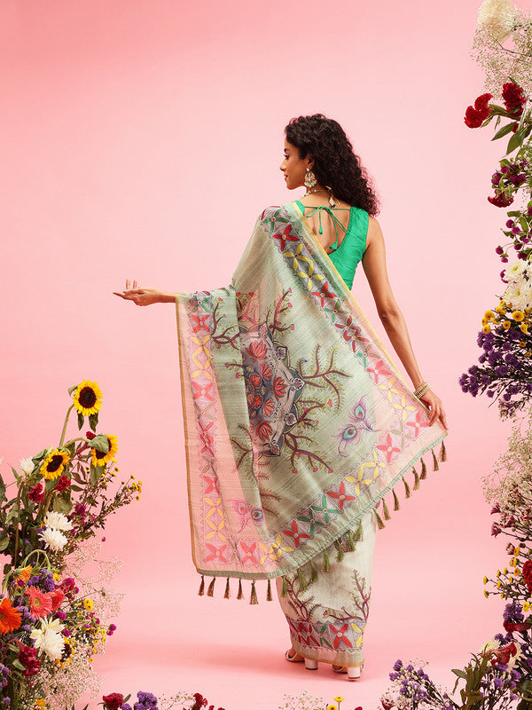 Green Cotton Blend Printed Madhubani Saree with Unstitched Blouse - Hiral Fashion | Grocsy
