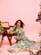 Green Cotton Blend Printed Madhubani Saree with Unstitched Blouse - Hiral Fashion | Grocsy