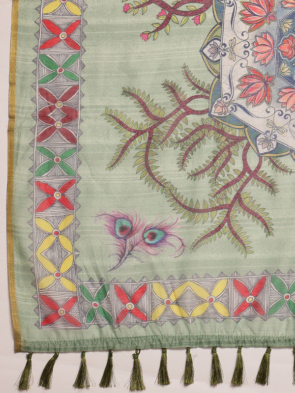 Green Cotton Blend Printed Madhubani Saree with Unstitched Blouse - Hiral Fashion | Grocsy