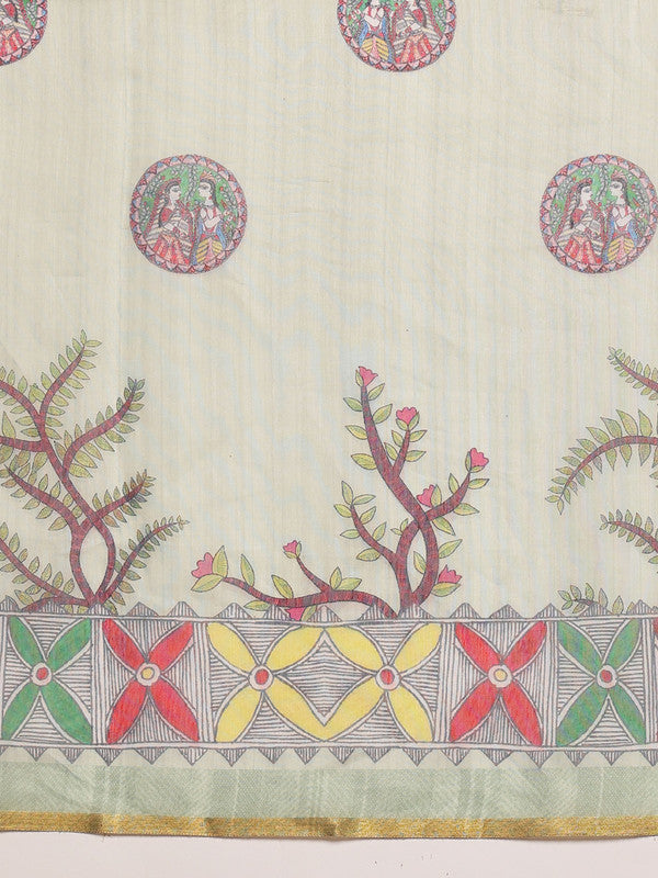 Green Cotton Blend Printed Madhubani Saree with Unstitched Blouse - Hiral Fashion | Grocsy