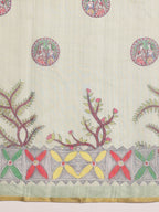 Green Cotton Blend Printed Madhubani Saree with Unstitched Blouse - Hiral Fashion | Grocsy
