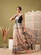 Beige Cotton Blend Printed Madhubani Saree with Unstitched Blouse - Hiral Fashion | Grocsy