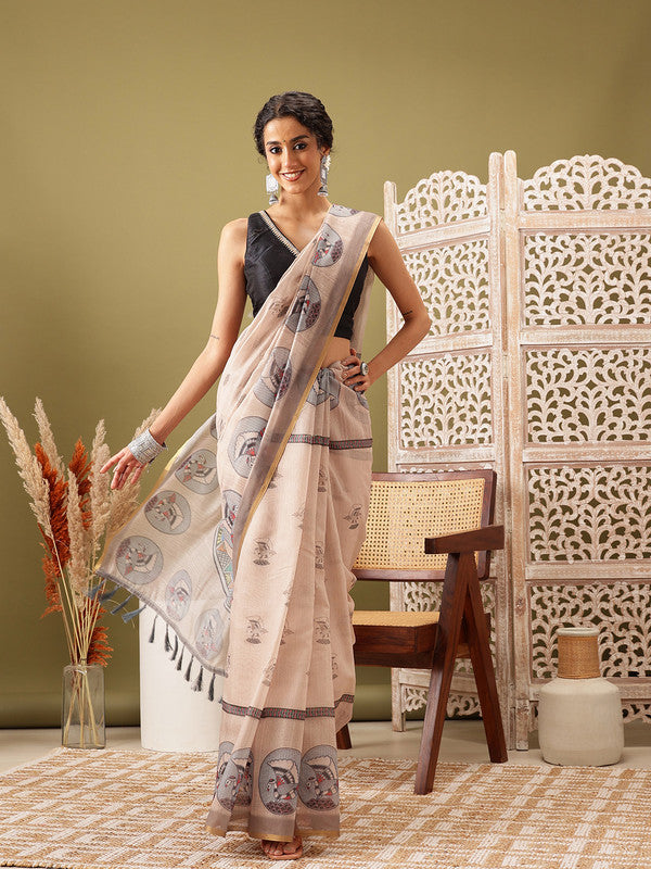 Beige Cotton Blend Printed Madhubani Saree with Unstitched Blouse - Hiral Fashion | Grocsy
