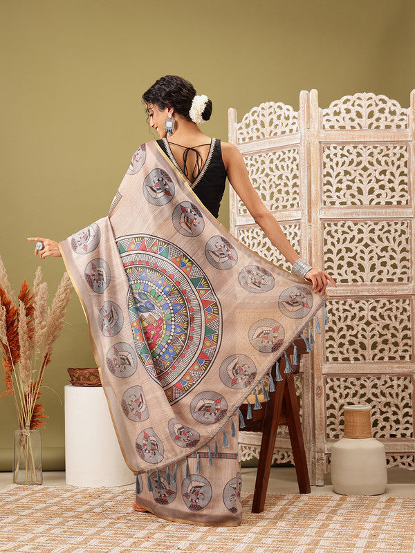 Beige Cotton Blend Printed Madhubani Saree with Unstitched Blouse - Hiral Fashion | Grocsy