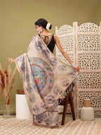 Beige Cotton Blend Printed Madhubani Saree with Unstitched Blouse - Hiral Fashion | Grocsy