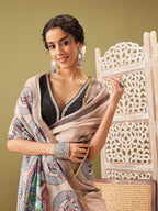 Beige Cotton Blend Printed Madhubani Saree with Unstitched Blouse - Hiral Fashion | Grocsy