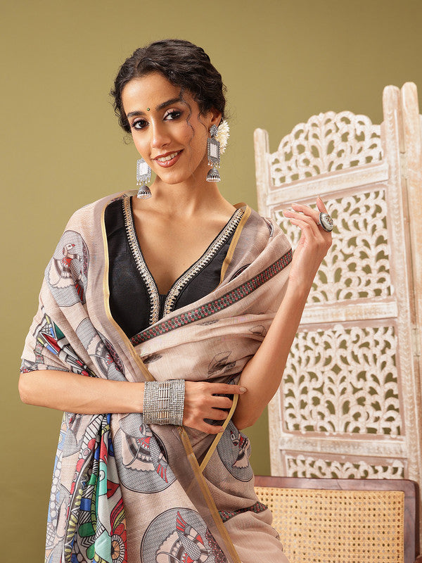 Beige Cotton Blend Printed Madhubani Saree with Unstitched Blouse - Hiral Fashion | Grocsy