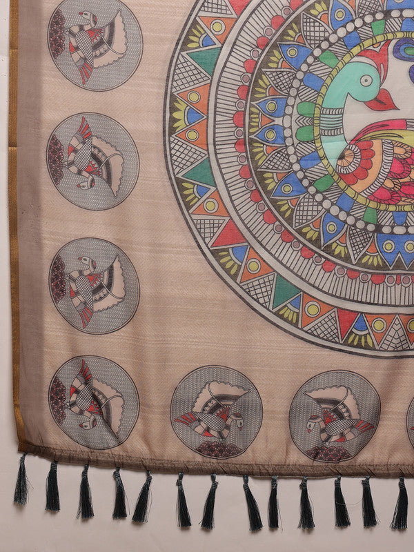 Beige Cotton Blend Printed Madhubani Saree with Unstitched Blouse - Hiral Fashion | Grocsy