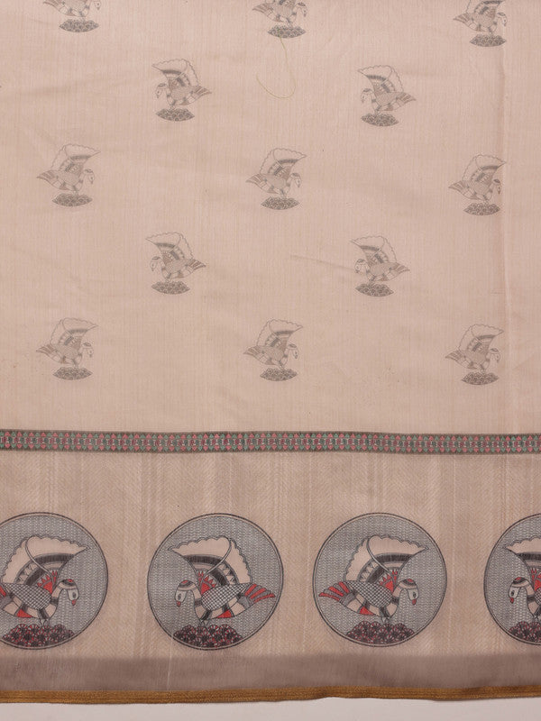 Beige Cotton Blend Printed Madhubani Saree with Unstitched Blouse - Hiral Fashion | Grocsy