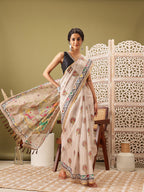Beige Cotton Blend Printed Madhubani Saree with Unstitched Blouse - Hiral Fashion | Grocsy