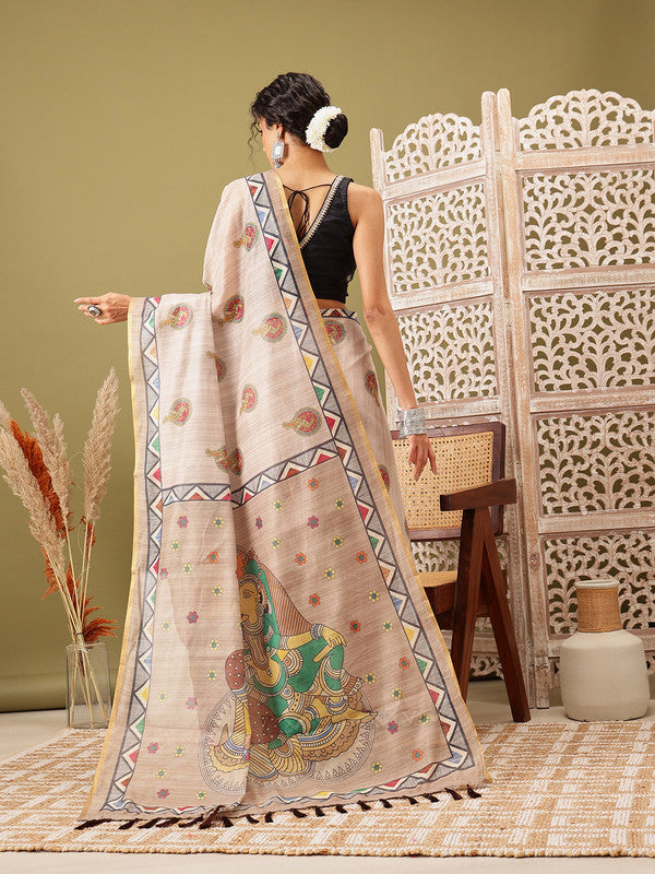 Beige Cotton Blend Printed Madhubani Saree with Unstitched Blouse - Hiral Fashion | Grocsy