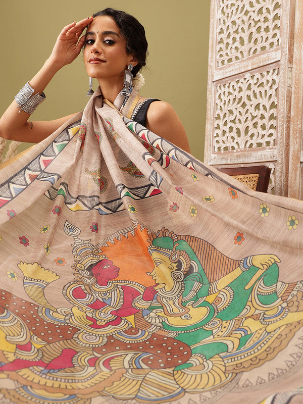 Beige Cotton Blend Printed Madhubani Saree with Unstitched Blouse - Hiral Fashion | Grocsy