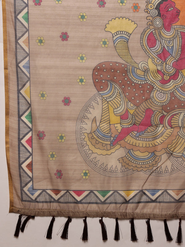 Beige Cotton Blend Printed Madhubani Saree with Unstitched Blouse - Hiral Fashion | Grocsy