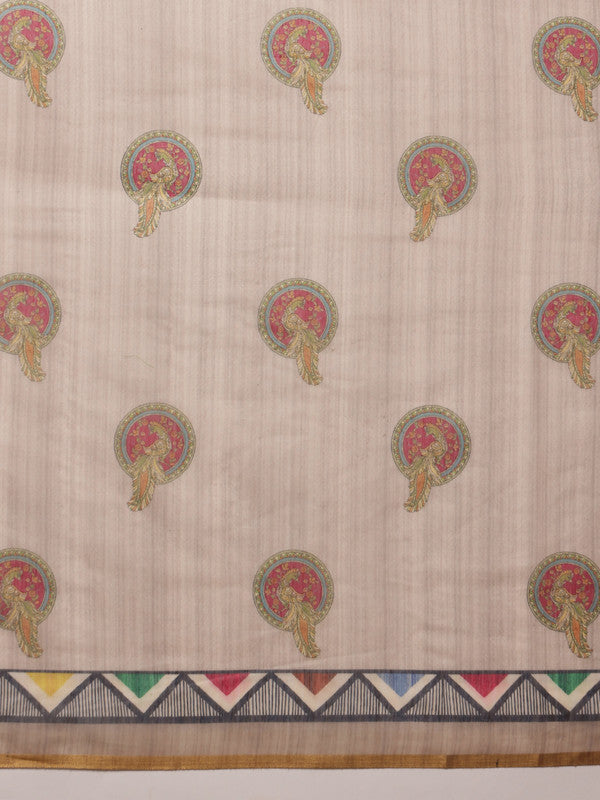 Beige Cotton Blend Printed Madhubani Saree with Unstitched Blouse - Hiral Fashion | Grocsy