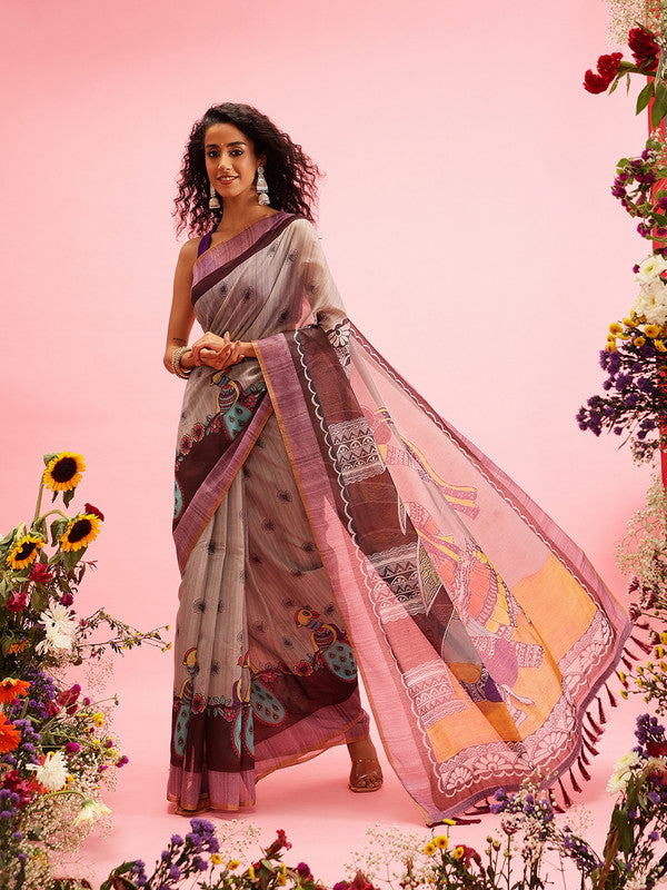 Gray Cotton Blend Printed Madhubani Saree with Unstitched Blouse - Hiral Fashion | Grocsy