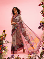 Gray Cotton Blend Printed Madhubani Saree with Unstitched Blouse - Hiral Fashion | Grocsy