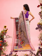 Gray Cotton Blend Printed Madhubani Saree with Unstitched Blouse - Hiral Fashion | Grocsy