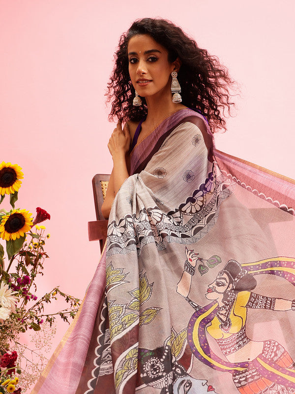 Gray Cotton Blend Printed Madhubani Saree with Unstitched Blouse - Hiral Fashion | Grocsy