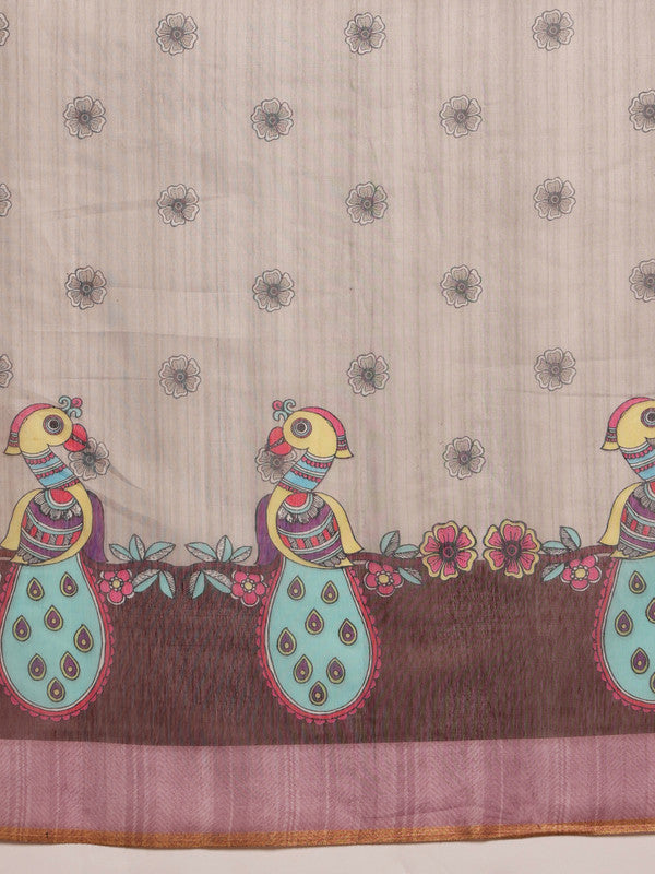 Gray Cotton Blend Printed Madhubani Saree with Unstitched Blouse - Hiral Fashion | Grocsy