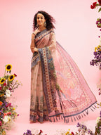 Beige Cotton Blend Printed Madhubani Saree with Unstitched Blouse - Hiral Fashion | Grocsy