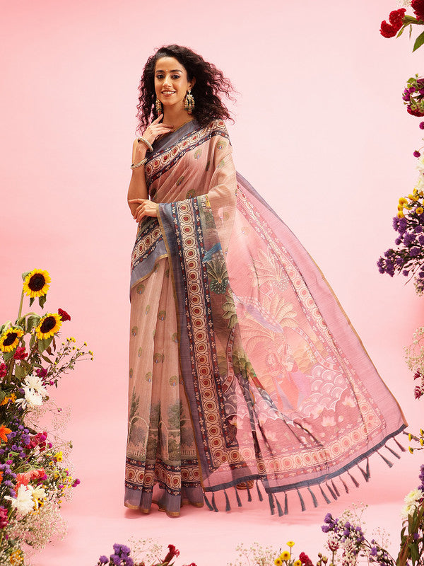Beige Cotton Blend Printed Madhubani Saree with Unstitched Blouse - Hiral Fashion | Grocsy