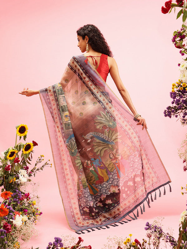 Beige Cotton Blend Printed Madhubani Saree with Unstitched Blouse - Hiral Fashion | Grocsy