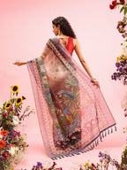 Beige Cotton Blend Printed Madhubani Saree with Unstitched Blouse - Hiral Fashion | Grocsy