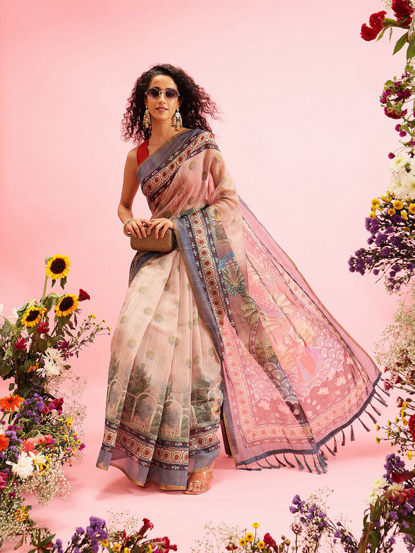 Beige Cotton Blend Printed Madhubani Saree with Unstitched Blouse - Hiral Fashion | Grocsy