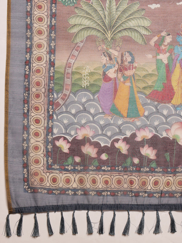Beige Cotton Blend Printed Madhubani Saree with Unstitched Blouse - Hiral Fashion | Grocsy